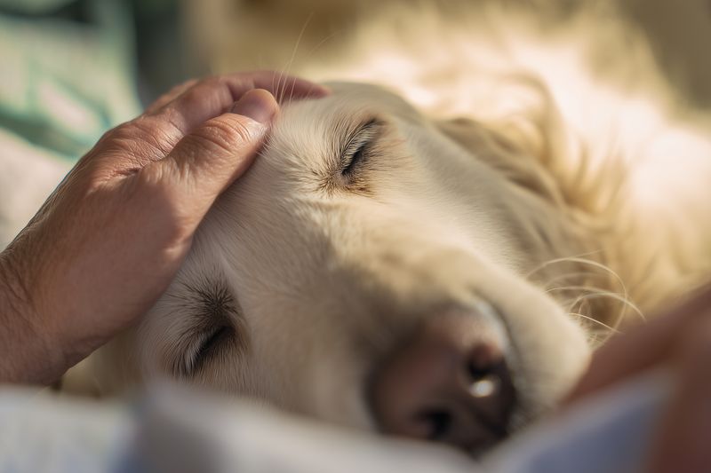 Close-up of a relaxed golden retriever sleeping peacefully while being gently petted on the head, warm soft lighting captures a tender moment of comfort, trust and calm.