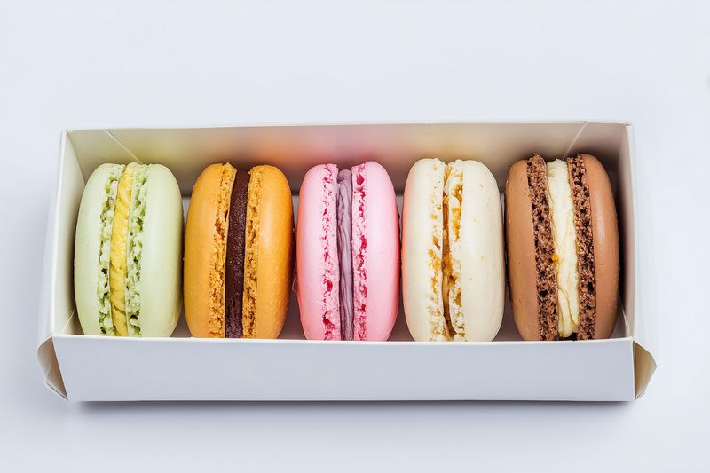 Close-up of five colorful macarons neatly arranged in a white gift box on a light background, showcasing delicate textures, assorted fillings and elegant pastel hues for dessert imagery.
