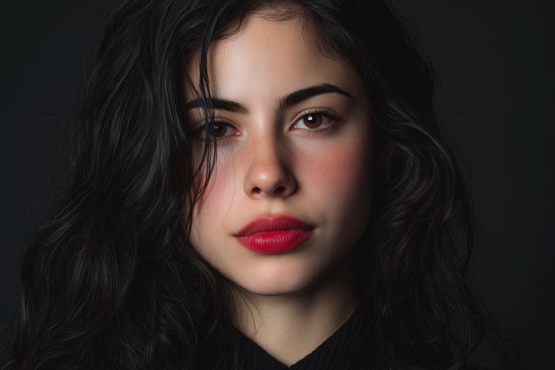 Close-up portrait of a confident young woman with dark hair and red lips, dramatic studio lighting highlighting skin texture and expressive eyes, moody low-key beauty photograph.