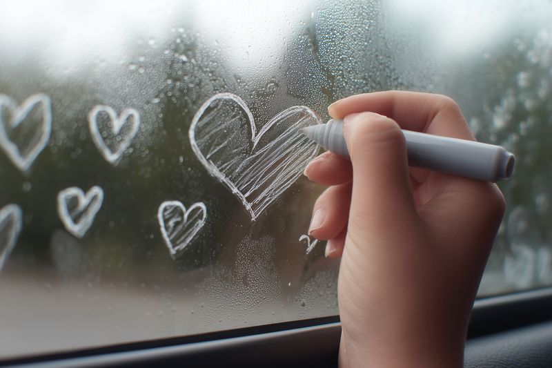Close-up of a hand drawing hearts on a fogged car window with a white marker, creating playful romantic doodles on a rainy day through water droplets and blurred outside light.