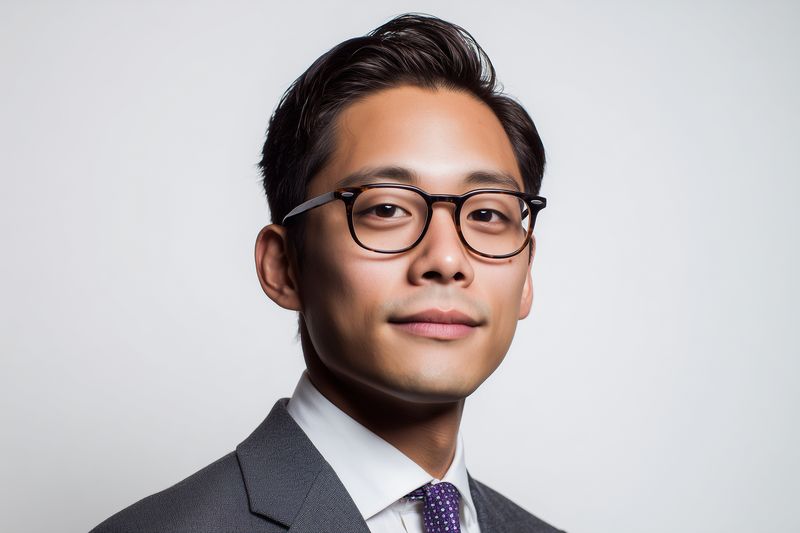 Studio portrait of a professional businessman wearing glasses, suit and tie. He poses confidently with a subtle smile, neutral background, crisp lighting and polished appearance.