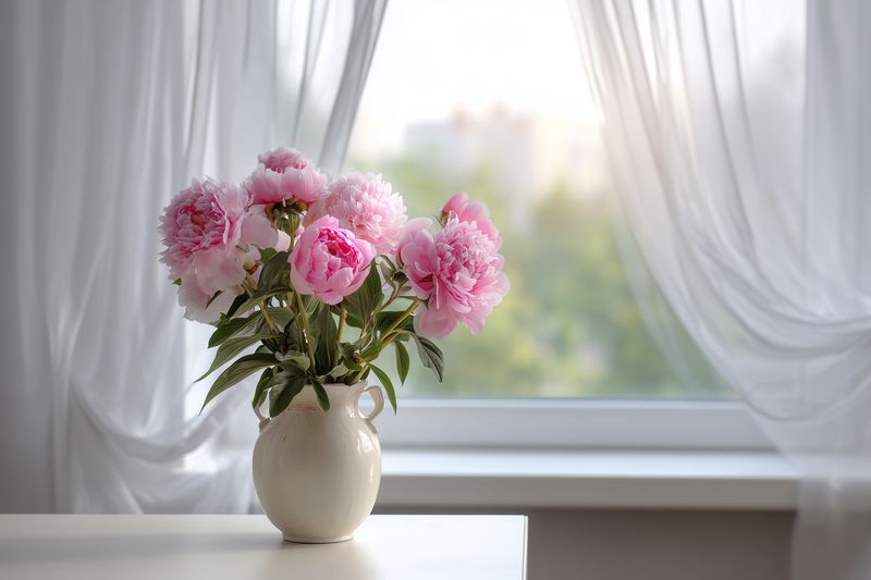 Soft pink peonies arranged in a ceramic vase on a table by a bright window with sheer curtains, creating a romantic elegant still life scene bathed in warm morning light.