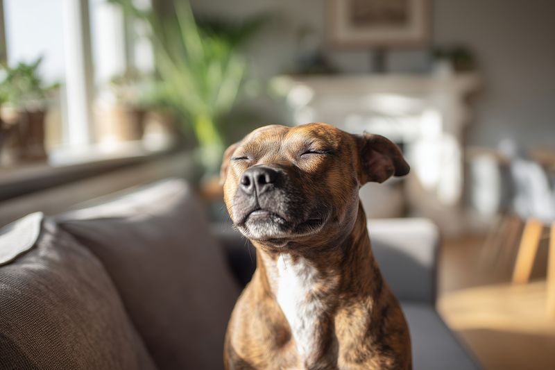 Brindle dog sitting on a sofa bathed in warm sunlight, eyes closed and face relaxed, enjoying a peaceful moment in a cozy living room with soft background bokeh.