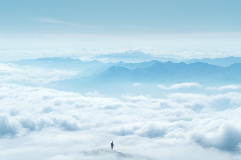 A lone figure stands on a mountain peak above a sea of clouds, surrounded by distant ridges under a pale blue sky, evoking solitude, vastness, and tranquil high altitude natural beauty.