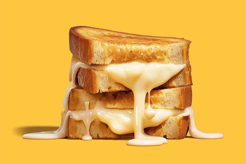 Stack of golden toasted bread slices with gooey melted cheese oozing between layers on a bright yellow background, closeup food photography showcasing texture and indulgence.