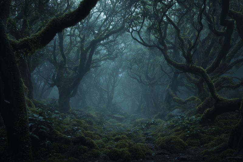 Mysterious moss-covered forest with twisted ancient trees and soft blue mist, creating an eerie atmospheric woodland scene ideal for fantasy nature and landscape projects.