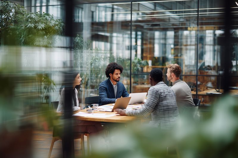 Diverse team of professionals collaborating around a wooden table in a modern glass office, reviewing documents and laptops while engaging in a focused creative business discussion.