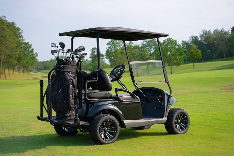Electric golf cart parked on a manicured fairway with a full bag of clubs, ready for a sunny round on a tranquil golf course with neatly trimmed grass and open sky.