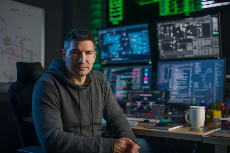 Portrait of a focused IT professional in a dim control room, sitting at a desk with multiple monitors displaying code and system data, planning a security operation.