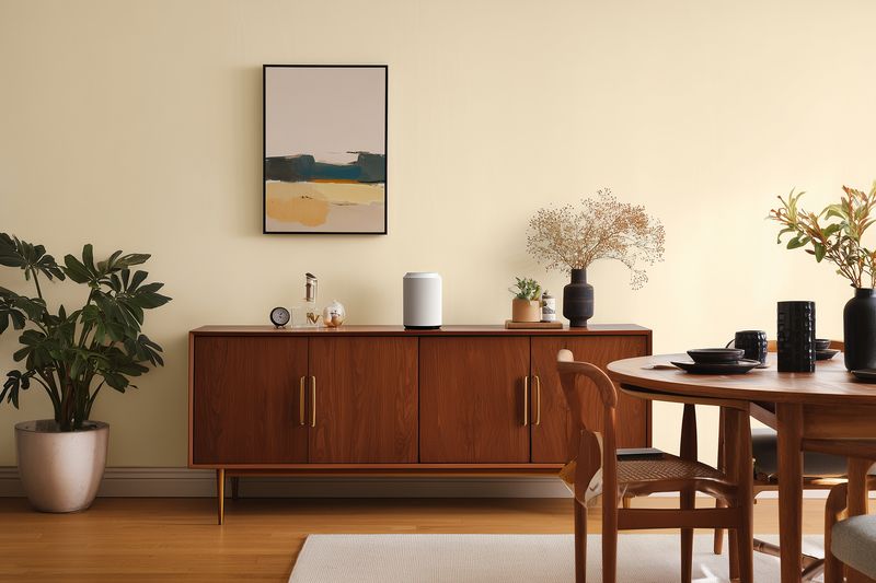 Cozy minimalist dining room interior with midcentury wooden sideboard, round wooden table and chairs, ceramic vases, dried flowers, and potted plants against a warm beige wall with abstract art.