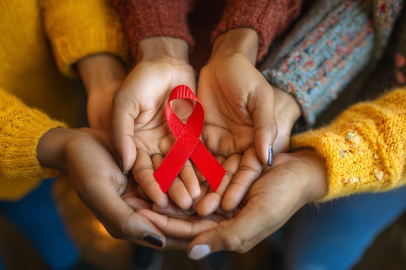 Close-up of multiple hands gently holding a red awareness ribbon together, symbolizing solidarity, support, unity and compassion in collective health advocacy, prevention and community care efforts.