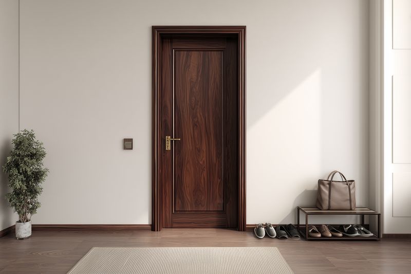 Minimal modern entryway with a closed wooden door, warm parquet flooring, neutral woven rug, shoe bench with bags and plants, softly illuminated by natural sunlight and gentle shadows.