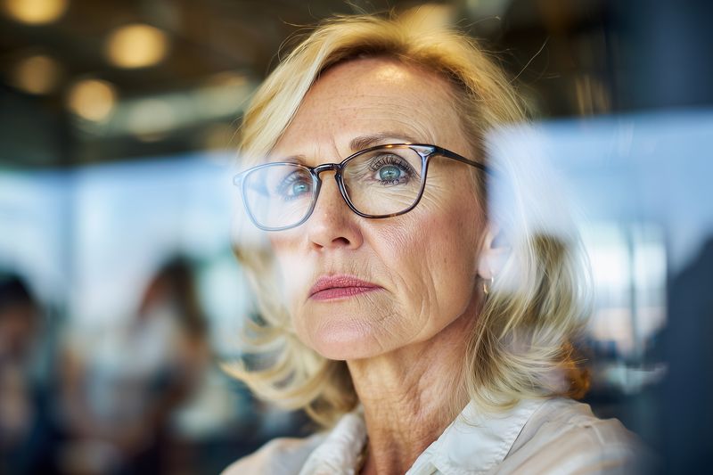 Close-up portrait of a mature professional woman wearing glasses, gazing thoughtfully through a window reflection in a modern office environment, conveying focus and authority.