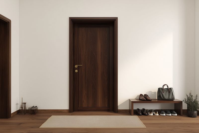 Minimalist home entryway with a closed dark wood door, simple bench holding shoes and a handbag, neutral walls, decorative mat, and cozy modern flooring for a tidy welcoming feel.