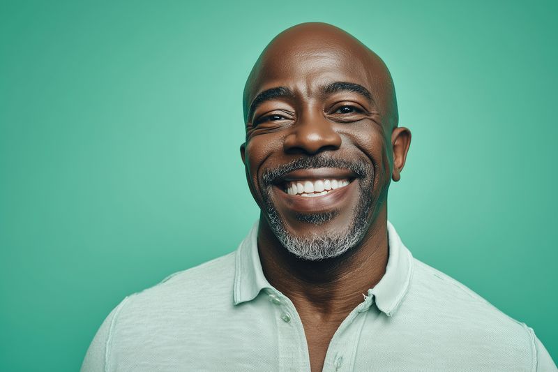 Cheerful mature African descent man smiling in a studio portrait against a teal background, wearing a light linen shirt. Close-up headshot conveying confidence, warmth, approachability and positive