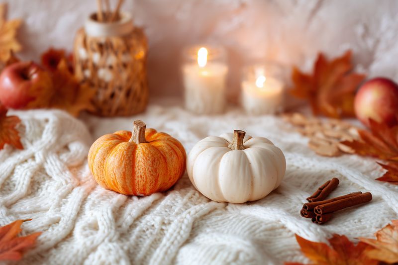 Cozy autumn still life with small orange and white pumpkins on a knitted blanket, surrounded by cinnamon sticks, fallen leaves, apples and glowing candles for seasonal decor.