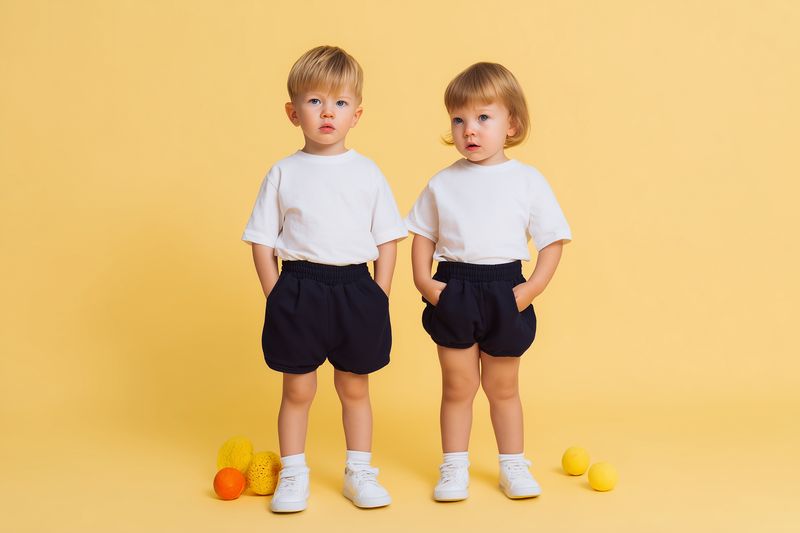 Two young toddlers standing side by side on a soft yellow backdrop, dressed in white shirts and navy shorts with sneakers, hands in pockets near scattered colorful balls, studio portrait.