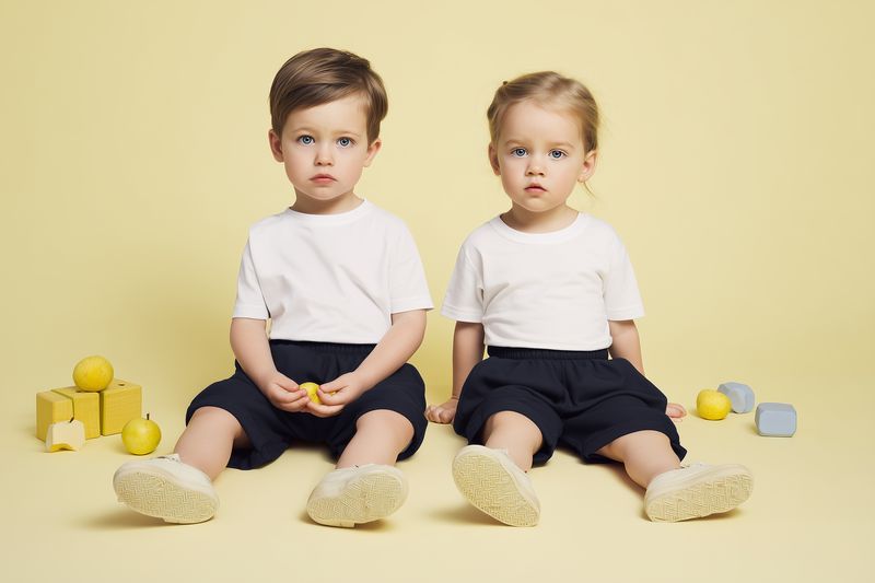 Two toddlers sitting on a pale yellow background wearing white shirts and navy shorts, holding small toys with neutral expressions in a minimalist studio setting with soft light.