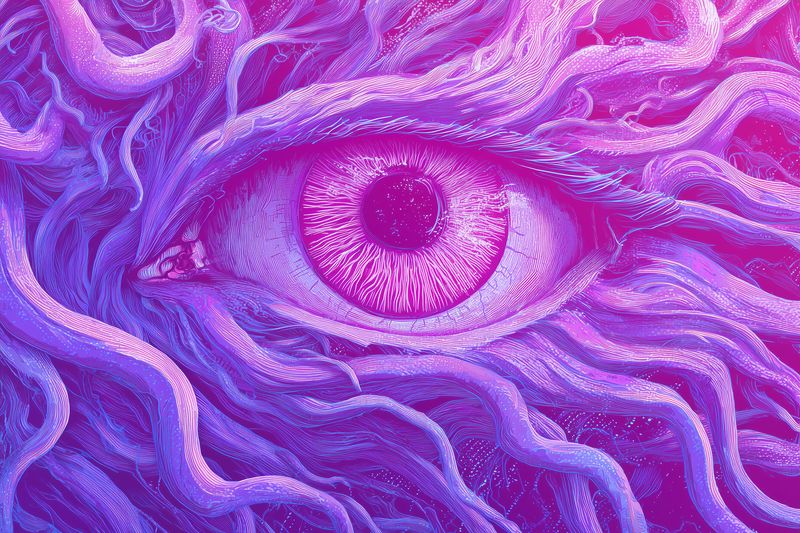 Close-up surreal image of a single eye emerging from flowing organic tendrils in vivid purple and pink tones, showcasing textured fantasy details and a psychedelic dreamlike atmosphere.