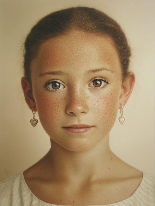 Close-up portrait of a young girl with freckles and heart earrings, soft warm lighting, neutral background, natural expression, clean skin texture, detailed eyes and timeless studio mood.