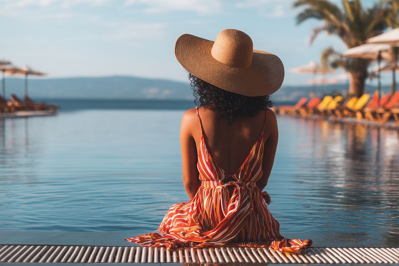 A young woman wearing a summer dress and wide straw hat sits at the edge of an infinity pool, looking toward calm water and the distant horizon on a sunny resort day.