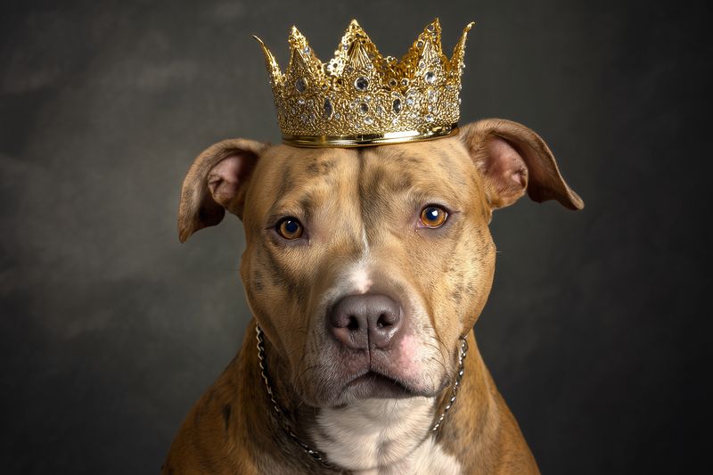 Studio portrait of a brindle pitbull wearing a gold ornamental crown, posing with a calm and regal expression against a dark textured background, emphasizing noble eyes and detailed fur.