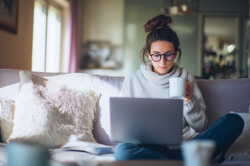 Young woman in a cozy sweater sits on a sofa with a laptop on her lap, holding a mug and concentrating on the screen while working or studying from home in a relaxed setting.