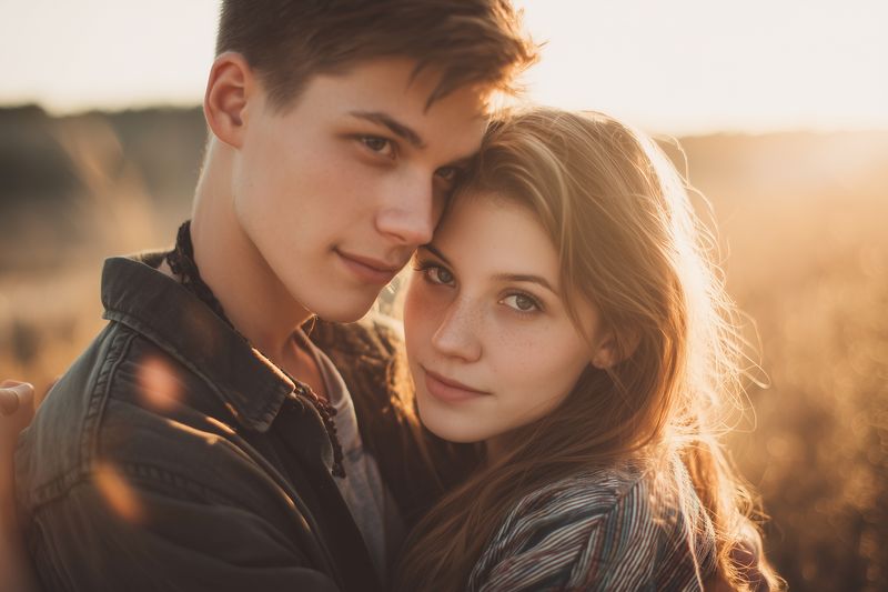 Intimate portrait of a young couple embracing in a sunlit field during golden hour, soft warm backlight creates a romantic mood with gentle expressions and natural beauty.
