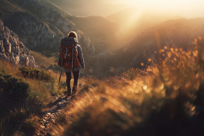 A lone hiker with a large backpack walks a narrow mountain trail at golden hour, surrounded by rugged peaks and warm sunlight casting dramatic shadows across the landscape.