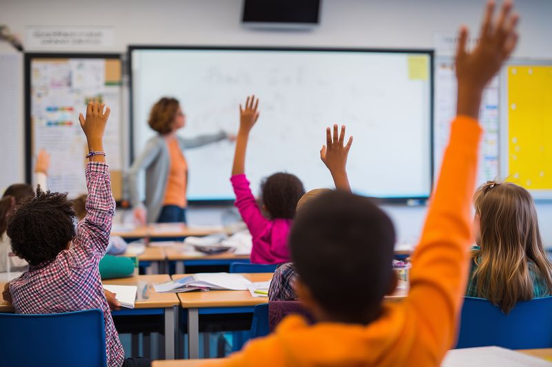 Elementary students raise their hands in a bright classroom as a teacher points to a whiteboard, creating a lively scene of active participation, focus, notebooks, desks, and teamwork.
