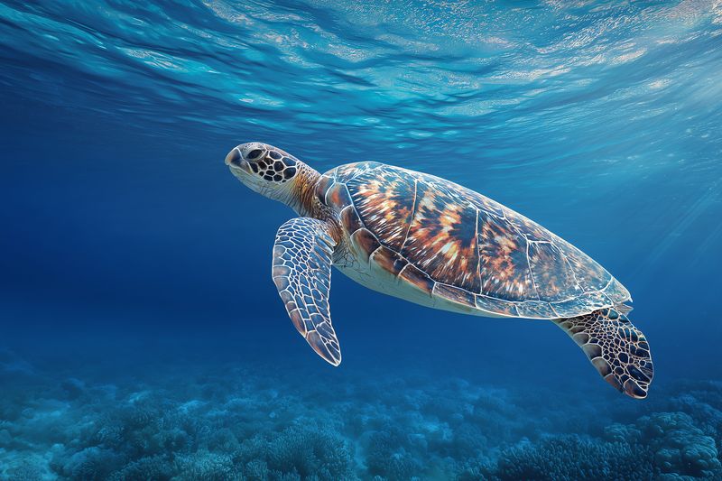 A graceful sea turtle glides through clear blue ocean water above a coral reef, sunlight filtering through the surface to illuminate the textured shell and calm marine scene.