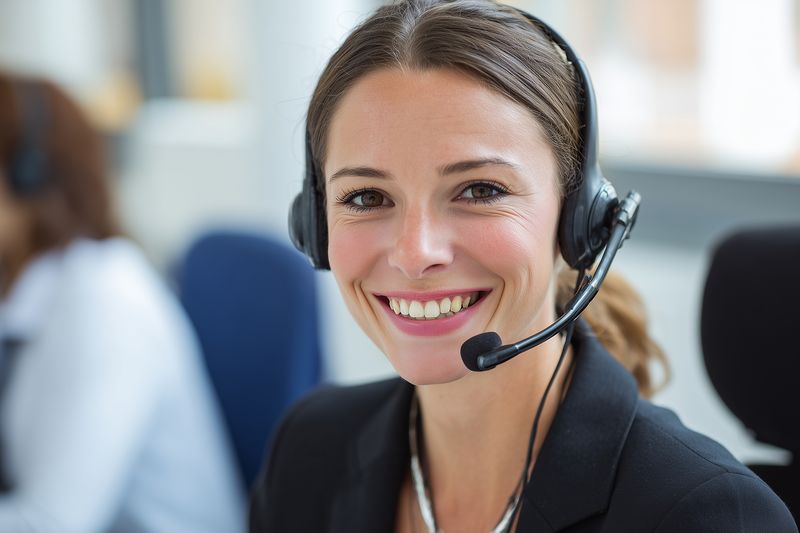 Smiling customer service representative wearing a headset in a modern office setting, friendly support agent providing assistance and professional communication with clients.