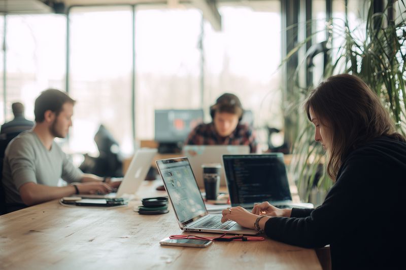 Young professionals working on laptops in a modern coworking space, focusing on collaborative and individual tasks, natural light and relaxed open office atmosphere.