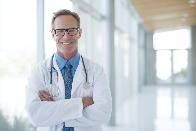 Confident smiling male doctor wearing glasses and a white coat with stethoscope stands in a bright modern hospital corridor with arms crossed, conveying professional and approachable care.