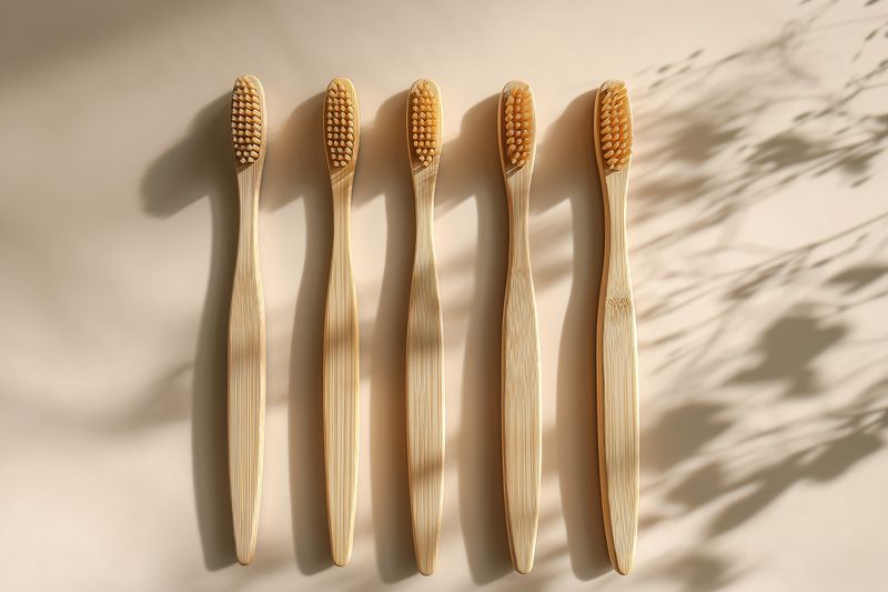 Five bamboo toothbrushes arranged on a neutral beige background, casting soft shadows in warm sunlight. Natural bristles and wooden handles highlight sustainable, minimalist oral care and design.