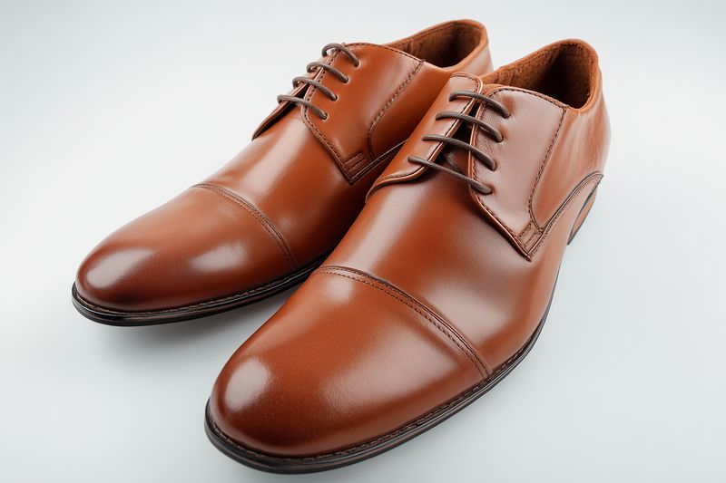 Pair of polished brown leather dress shoes with closed lacing and cap toe design, photographed on a white background to highlight texture, shine and refined classic menswear footwear.