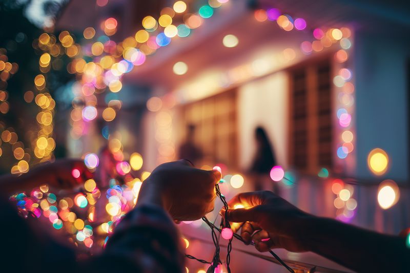 Closeup of hands hanging colorful string lights on a house exterior, creating warm bokeh and festive atmosphere with glowing bulbs, soft evening illumination and cozy mood.