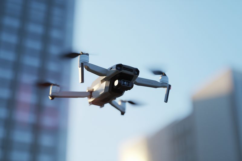 A compact quadcopter drone hovers in an urban skyline, capturing aerial footage with spinning propellers, shallow depth of field and soft bokeh against blue evening sky.