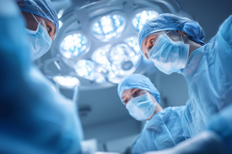Surgical team in sterile operating room performing a procedure under bright surgical lights, wearing masks and scrubs, demonstrating focus, precision and coordinated teamwork.