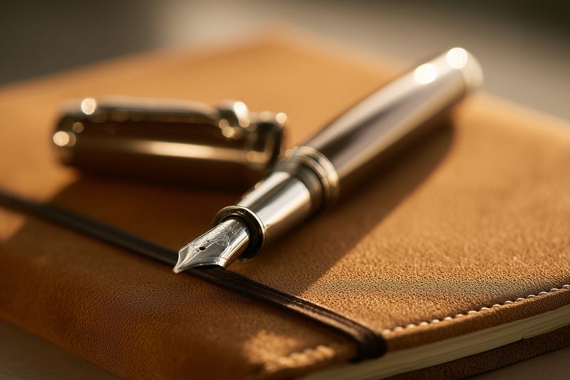 Close-up of a classic fountain pen resting on a textured leather notebook, highlighting metallic nib detail and warm golden tones, evoking vintage writing, stationery and craftsmanship.