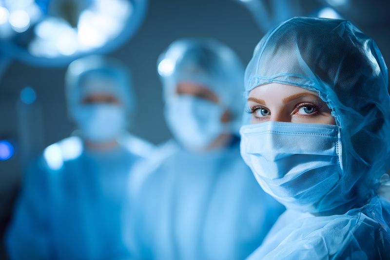Portrait of a female surgeon wearing a surgical cap and mask with focused eyes in an operating room, surgical team blurred in the background under bright medical lights, clinical atmosphere.