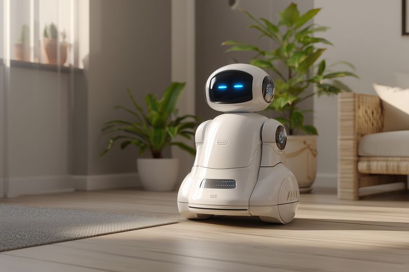 A compact white home robot with a glowing blue display sits on a wooden floor in a modern living room, showcasing friendly design, smart automation, and practical household assistance.