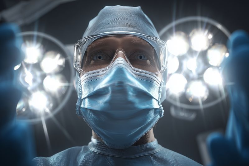 Close-up view of a surgeon in protective mask, goggles and surgical cap standing beneath bright operating lights, preparing for a complex procedure with focused intensity and sterile precision.