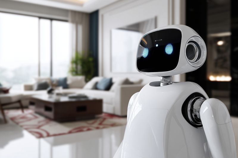 Friendly white humanoid robot stands in a modern living room with soft natural light, sleek furnishings and a cozy atmosphere suggesting futuristic home automation and companionship.