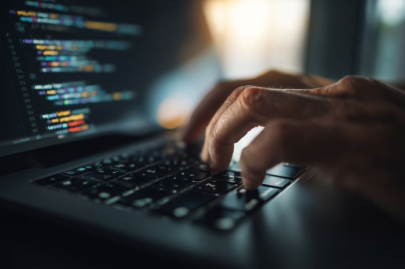 Close-up of hands typing on a laptop keyboard with code visible on the screen, dim ambient light creating a focused, professional programming and cybersecurity work atmosphere.