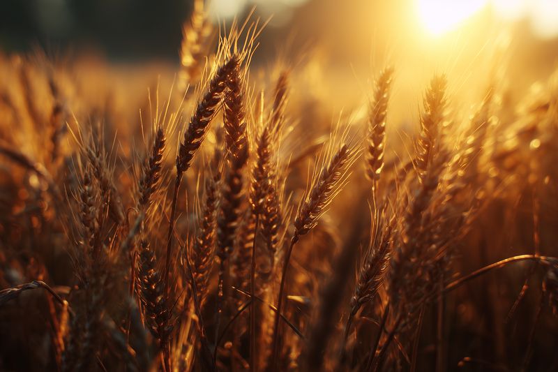 Golden wheat field bathed in warm sunset light, close-up of ripening grain heads gently illuminated by backlight, creating a soft glowing atmosphere and natural texture.