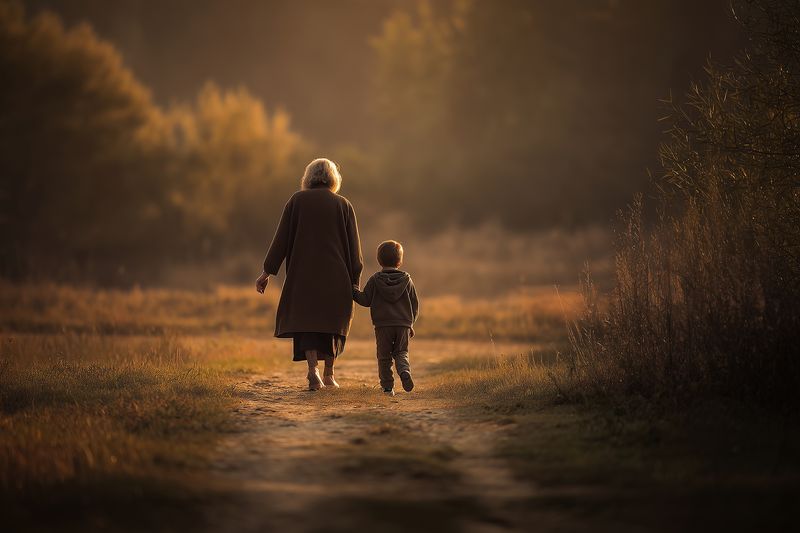 Elderly woman and young child walk hand in hand along a rural path at golden hour, surrounded by autumn fields and soft sunlight, conveying warmth and tender family bond.