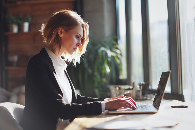 Young professional woman working on a laptop at a sunlit wooden desk, focused on typing and planning in a cozy modern workspace with natural light and indoor plants.