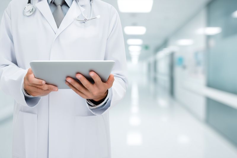Medical professional wearing white coat and stethoscope holds a digital tablet in a modern hospital corridor, close-up of hands and device highlighting healthcare technology.