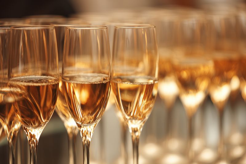 Close-up view of multiple champagne flutes filled with sparkling wine arranged in a row, warm golden reflections and soft bokeh creating an elegant festive celebration atmosphere.